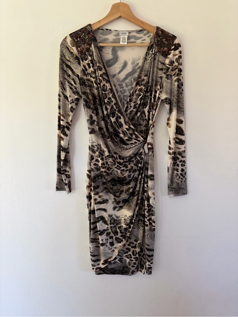 Cache Y2K Animal Print Long Sleeve V-Neck Drape Front Mini Dress Size Small